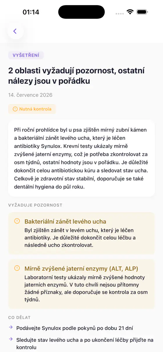 Obrazovka záznamu v Kovanu s vysvětlením veterinární návštěvy, nálezy vyžadujícími pozornost a dalšími kroky