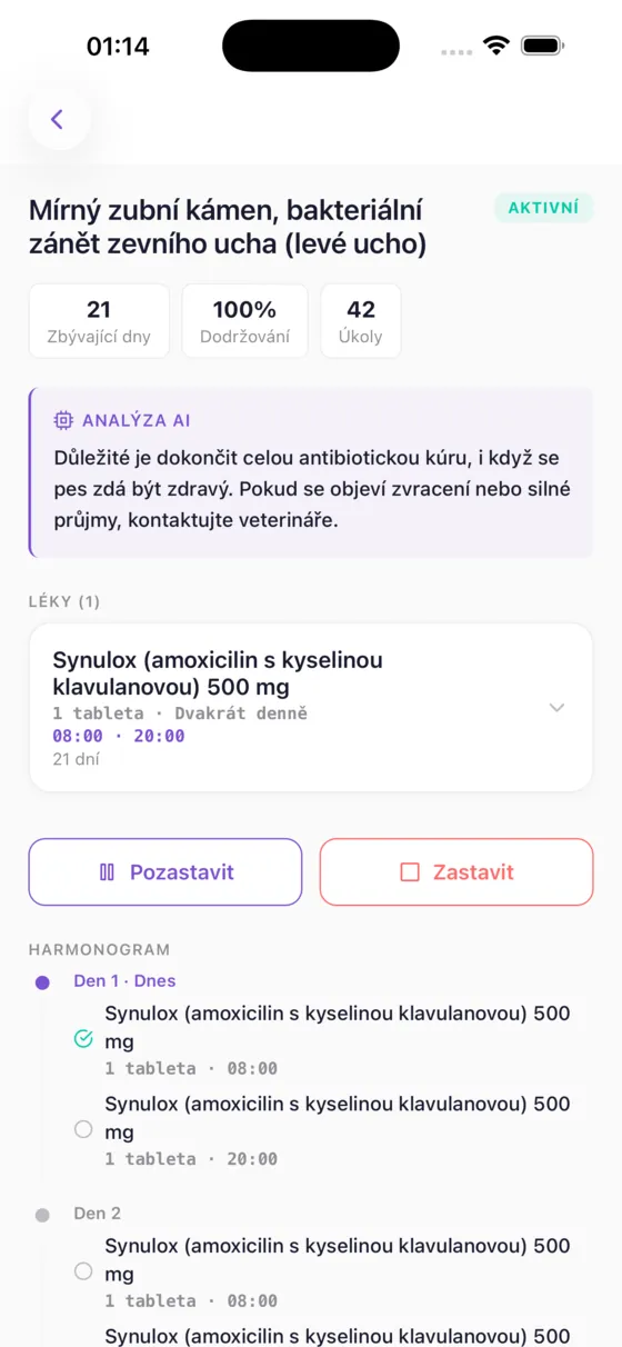 Obrazovka léčby v Kovanu s AI analýzou terapie zánětu ucha a kontrolou interakcí léků