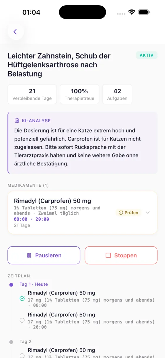 Behandlungsbildschirm in Kovan mit KI-Analyse einer Ohrentzündungs-Therapie und Prüfung von Wechselwirkungen