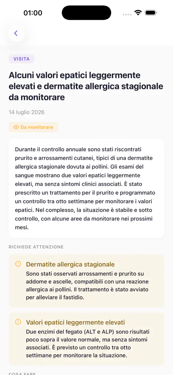 Schermata di Kovan che spiega una visita veterinaria in parole semplici, con i valori da monitorare e i passi successivi