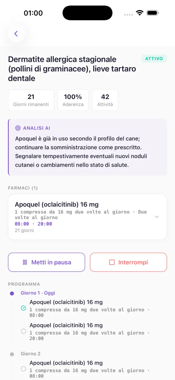 Schermata delle terapie di Kovan con l'analisi IA di un'otite e il controllo delle interazioni tra farmaci