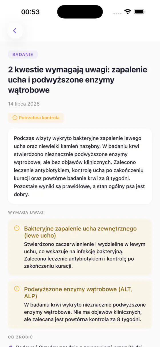 Ekran zapisu wizyty w Kovan z ludzkim opisem badania, wynikami wymagającymi uwagi i listą kroków